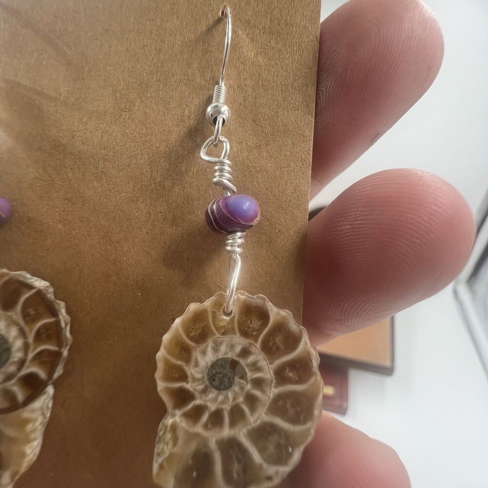 Natural Ammonite Fossil Gesmtone Sterling Silver Earrings Handmade With Opal - Picture 5 of 8